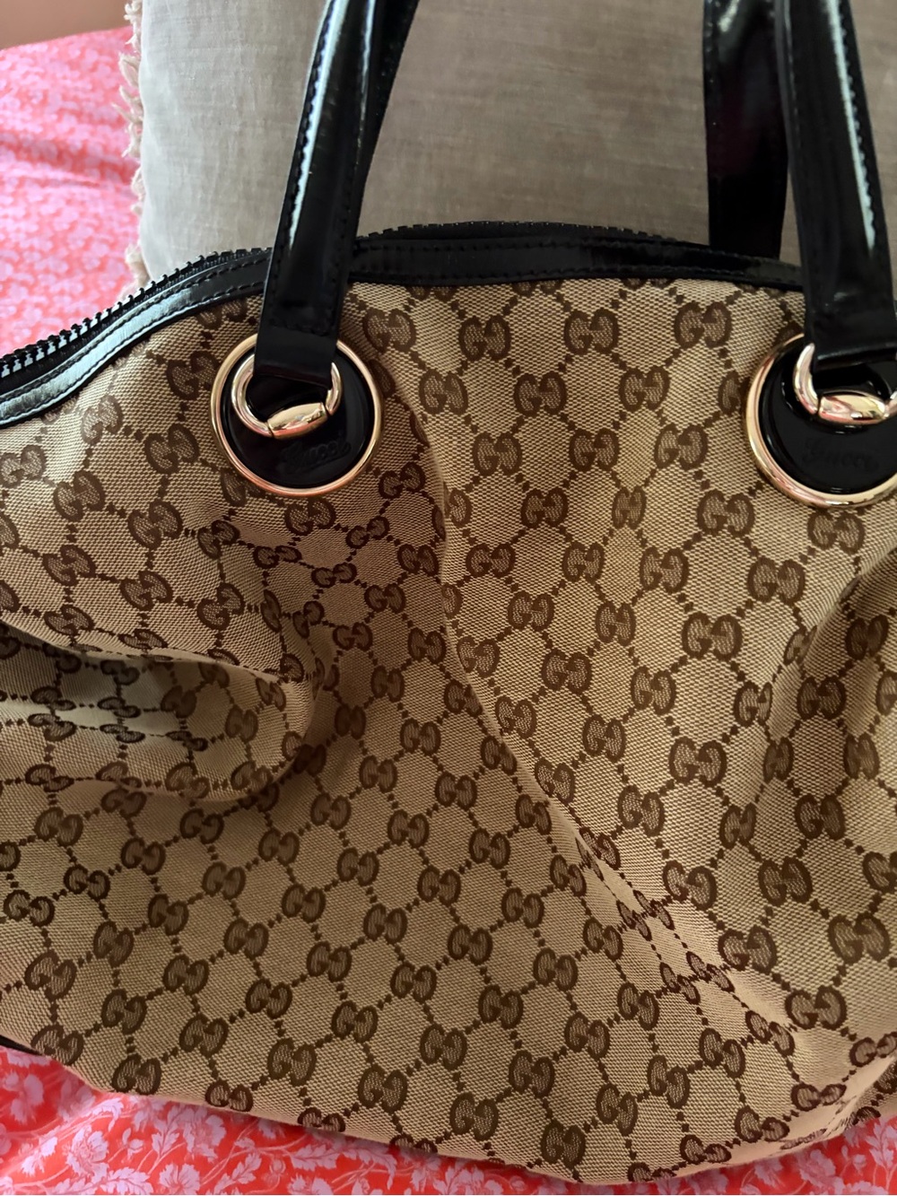 Gucci Beige Monogram Shoulder Bag with Black Trim and Gold Hardware